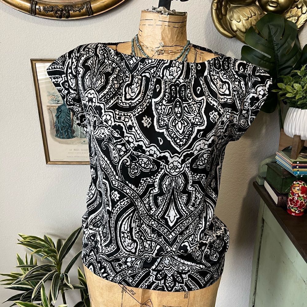 Talbots‎ Black White Floral Paisley Scroll Geometric Print Classic Blouse Sz 4